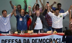 L'ex-président brésilien Luiz Inacio Lula da Silva lors d'une rencontre nationale avec des syndicalistes, le 23 mars 2016 à Sao Paulo