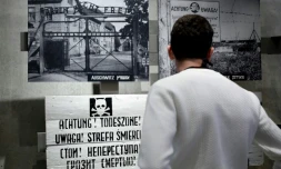 Un visiteur regarde une exposition consacrée aux camps de concentration nazis, dont celui d'Auschwitz, au mémorial de Yad Vashem, le 20 janvier 2020 à Jérusalem
