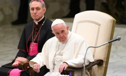 Le pape François lors d'une audience de personnes atteintes de la maladie de Huntington, au Vatican, le 18 mai 2017