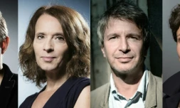 Photo montage de gauche à droite de Yannick Haenel, Veronique Olmi, Eric Vuillard et Alice Zeniter réalisé le 30 octobre 2017 des quatre auteurs en lice pour le Goncourt