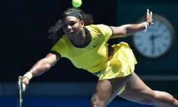Serena Williams lors de son match contre l'Italienne Camila Giorgi, le 18 janvier 2016 à Melbourne pour l'Open d'Australie