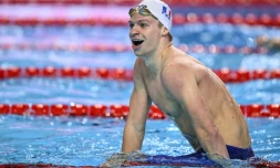 Léon Marchand célèbre sa victoire et son record du monde en demi-finale du 200 m quatre nages lors des Championnats du monde à Singapour, le 30 juillet 2025