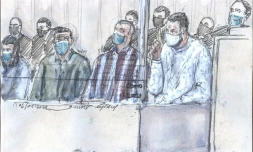 (g-d) Osama Krayem, Mohamed Abrini, Mohamed Amri et Salah Abdeslam à la cour d'assise spéciale de Paris lors du procÚs des attentats de 13-novembre 2015