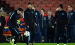 La "MSN", Lionel Messi, Luis Suarez, Neymar, à l'entraßnement le 22 février 2016 à l'Emirates Stadium à Londres