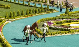 Des dresseurs présentent des étalons Akhal-Teke lors d'un concours à Achgabat, le 25 avril 2026 au Turkménistan