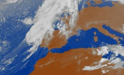 Photo fournie le 13 octobre 2018 par l'agence météorologique espagnole montrant une image satellite de Leslie s'approchant de la péninsule ibérique