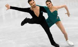 Les Français Gabriella Papadakis et Guillaume Cizeron lors du programme court de danse sur glace à l'Euro-2019 de patinage artistique, le 25 janvier 2019 à Minsk