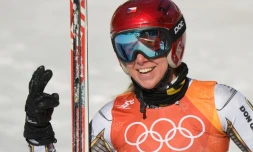 La Tchèque Ester Ledecka vient de remporter le Super-G  des Jeux olympiques, le 17 février 2018 à Pyeongchang