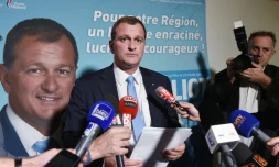 Le vice-président du FN, Louis Alliot le 6 décembre 2015 à Toulouse après l'annonce de son succès au premier tour des régionales dans la région Midi-Pyrénées/Languedoc Roussillon