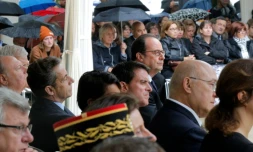 Nicolas Sarkozy, Manuel Valls, François Hollande, lors de la cérémonie d'hommage aux victimes des attentats terroristes le 19 septembre 2016 aux Invalides à Paris
