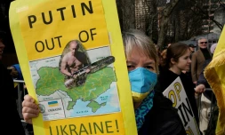 Manifestation de soutien à l'Ukraine devant les Nations unies à New York le 17 février 2022
