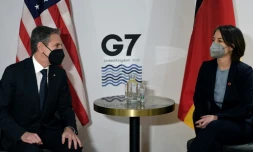 Le secrétaire d'Etat américain Antony Blinken et la ministre des Affaires étrangÚres allemande Annalena Baerbock avant une réunion bilatérale dans le cadre du G7 à Liverpool, au Royaume-Uni, le 10 décembre 2021