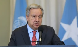 Le secrétaire général de l'ONU Antonio Guterres s'exprime au palais présidentiel de Mogadiscio lors de sa visite en Somalie le 11 avril 2023