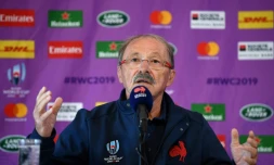 Le sélectionneur du XV de France, Jacques Brunel, en conférrence de presse à Kumamoto, le 30 septembre 2019