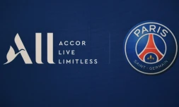 Le logo Accor Live Limitless et du Paris Saint-Germain le 22 février 2019 au Parc des Princes lors de la présentation du contrat publicitaire entre le club et la chaîne hôtelière