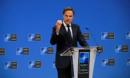 Le secrétaire général de l'Otan Mark Rutte donne une conférence de presse, le 23 septembre 2025 à Bruxelles