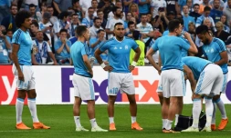 Les Marseillais à l'échauffement avant d'affronter le FC Salzbourg en demi-finale de l'Europa League, le 26 avril 2018 au Vélodrome