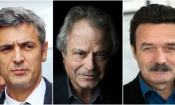 Montage de photos réalisé le 1er novembre 2015 montrant le majordome de Liliane Bettencourt Pascal Bonnefoy, et les journalistes du Point Franz-Olivier Giesbert et de Médiapart Edwy Plenel