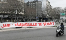 Banderole hostile au président de l'OM Jacques-Henri Eyraud, quelques heures avant le match contre Rennes, le 30 janvier 2021 à Marseille