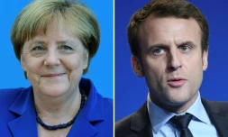 Un photomontage fait le 10 mars 2018 de portrait de ma chancelière Angela Merkel et du président français Emmanuel Macron