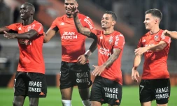 La joie des Lorientais, après leur victoire à domicile face à Lille (2-1) lors de la 5e journée de Ligue 1, le 10 septembre 2021 au Stade du Moustoir 