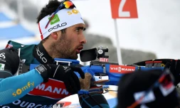 Le biathlète Martin Fourcade lors d'un séance d'entraînement à la veille des Mondiaux, le 8 février 2017 à Hochfilzen (Autriche)