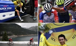 Photos prises lors de la 19e étape du Tour de France entre Saint-Jean-de-Maurienne et Tignes montrant les Français Julian Alaphilippe (haut g.), Thibaut Pinot (haut d.) réconforté par William Bonnet, et le Colombien Egan Bernal (bas d.), le 26 juillet 2019