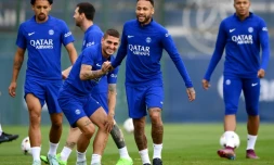 Marquinhos, Lionel Messi, Marco Verratti, Neymar et Mbappé à l'entraînement du PSG au Camp des Loges à la veille du choc contre la Juventus en C1 le 5 septembre 2022 à Saint-Germain-en-Laye