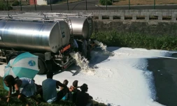 Mardi 4 janvier 2011 - Les éleveurs de la Sicalait déversent 80 000 litres de lait devant la centrale thermique du Gol