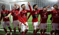 Les Brestois célèbrent leur victoire sur Lyon (2-1) samedi au Stade Francis-Le Ble de Brest.