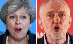 La Première ministre britannique Theresa May (g) et son adversaire Jeremy Corbyn (d) ont tenu mercredi leurs ultimes meetings d'une campagne électorale marquée par des attentats jihadistes, à la veille de législatives au résultat déterminant pour les négociations du Brexit.