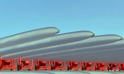 Les pales d'éoliennes stockées dans les locaux de Haizea Wind Group à Bilbao, dans le nord de l'Espagne, le 20 avril 2018