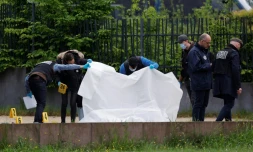 Des agents de la police judiciaire examinent la scĂšne de crime oĂč deux hommes ont Ă©tĂ© tuĂ©s par balle Ă Sevran, en Seine-Saint-Denis, le 5 mai 2024