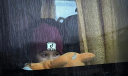 Un enfant ukrainien dans un bus l'emmenant vers la capitale moldave Chisinau aprĂšs avoir franchi la frontiĂšre Ă Palanca, le 2 mars 2022