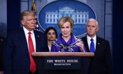 Le président américain Donald Trump et Deborah Birx, responsable de la coordination du dossier coronavirus à la Maison Blanche,le 18 mars 2020 à Washington lors d'un point sur la situation dans le pays