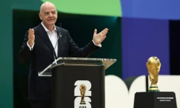 Le président de la Fifa Gianni Infantino en conférence de presse, le 1er juin 2026 à Dallas (Texas)