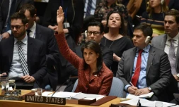 L'ambassadrice amĂ©ricaine Ă  l'ONU Nikki Haley (C) se prononce pour une enquĂȘte sur l'utilisation d'armes chimiques en Syrie, au siĂšge de l'ONU Ă  New York le 10 avril 2018