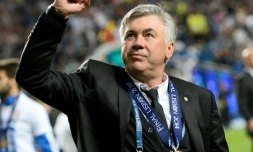 La joie de l'entraîneur italien du Real Madrid, Carlo Ancelotti, après la victoire face à l'Atlético Madrid, en finale de la Ligue des Champions, le 24 mai 2014 à Lisbonne