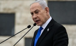 Le Premier ministre israélien Benjamin Netanyahu s'exprime lors de la journée de commémoration des soldats tombés au combat, Yom HaZikaron, le 21 avril 2026 à Jérusalem 