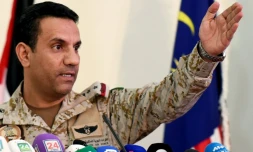 Conférence de presse du porte-parole saoudien de la coalition arabe au Yémen,  Turki Al-Malki, à la base aérienne du roi Salmane à Ryad le 5 novembre 2017