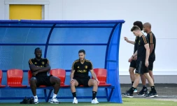 Romelu Lukaku, Eden Hazard, Thomas Meunier, Vincent Kompany et Axel Witsel en marge de l'entraînement collectif des Diables Rouges à Dedovsk, le 8 juillet 2018