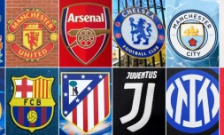 Combophoto des 12 clubs fondateurs de l'éphémÚre Super Ligue: Liverpool, Manchester United, Arsenal, Chelsea, Manchester City, Tottenham, Real Madrid, Barcelone, Atletico Madrid, Juventus Turin, Inter Milan et l'AC Milan, réalisé le 19 avril 202