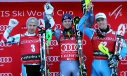 Le podium du combiné de Santa Caterina dominé par Alexis Pinturault (c), devant Marcel Hirscher (g) et Aleksander Aamodt Kilde, le 29 décembre 2016