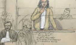 Croquis d'audience réalisé le 10 février 2025 montrant Brahim Aouissaoui lors de son procès à Paris