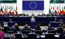 La présidente de la Commission européenne Ursula von der Leyen lors d'une pléniÚre du Parlement européen à Strasbourg, le 28 février 2024