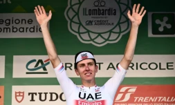 Le SlovĂšne Tadej Pogacar vainqueur du Tour de Lombardie, le 7 octobre 2023 Ă Bergame