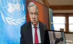 Photo du secrétaire général des Nations Unies, Antonio Guterres, lors d'une conférence de presse par vidéo le 3 avril 2020.
