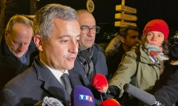 Le ministre de l'Intérieur Gérald Darmanin à côté du préfet de police de Paris Laurent Nunez (au centre), le 3 décembre 2023