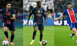 De gauche à droite, les joueurs du PSG Marquinhos, Ousmane Démbélé et KhvichaKvaratskhelia, tous trois sortis blessés lors du match contre le FC Barcelone, le 20 octobre 2026 au Parc des Princes