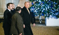 Emmanuel Macron, le président élu américain Donald Trump et le président ukrainien Volodymyr Zelensky quittant l'Elysée pour Notre-Dame de Paris après leur rencontre à l'Elysée le 7 décembre 2024